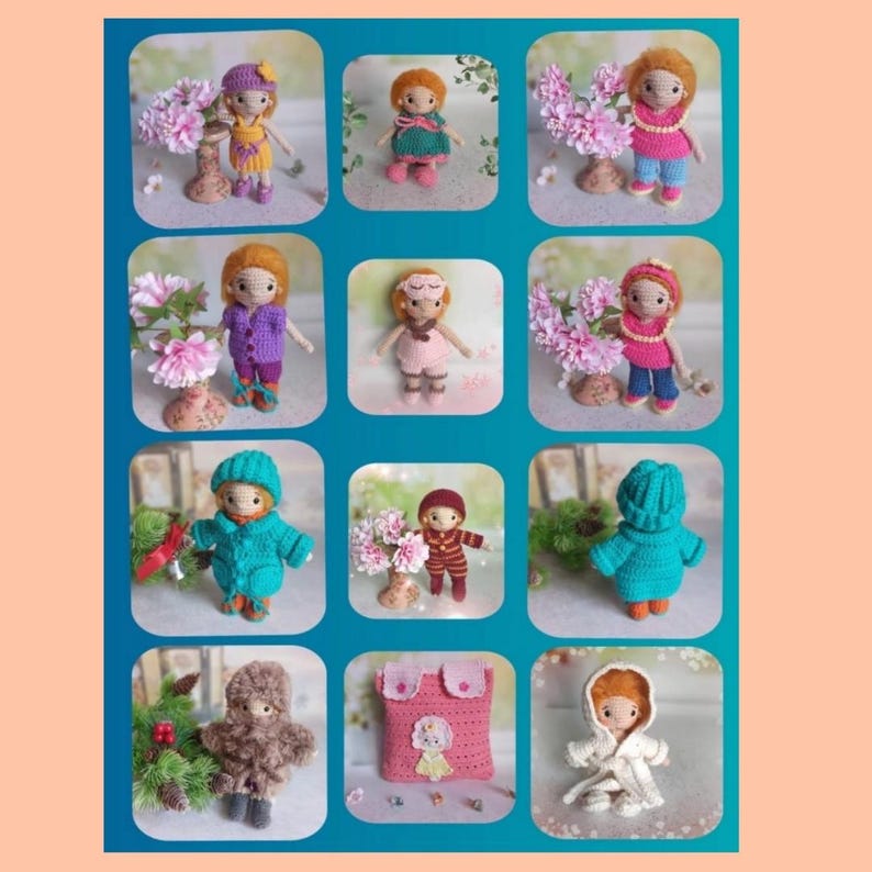 May include: A collage of twelve handmade crochet dolls, each with unique outfits and hairstyles. The dolls are arranged in a grid, showcasing a variety of colors and designs, including hats, coats, and dresses. Some dolls are paired with floral arrangements.