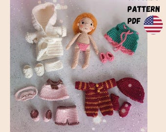 Amigurumi crochet doll and 4 Sets of doll clothes, clothing PDF crochet pattern in English for an 4.72 inch doll