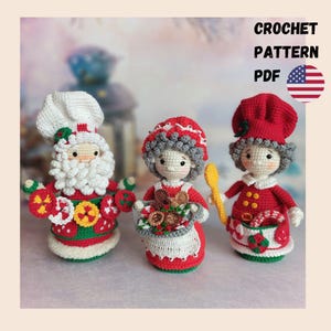 May include: Three crocheted Christmas figures: Santa Claus, Mrs. Claus with a tray of cookies, and a chef. The figures are red, white, green, and yellow. The text "CROCHET PATTERN PDF" is displayed with a US flag.