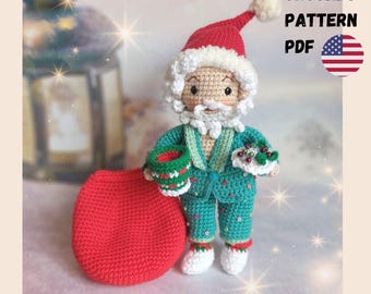 May include: Crochet pattern PDF for a Santa Claus amigurumi doll wearing a green and white pajama set, holding a mug and a bag of gifts.