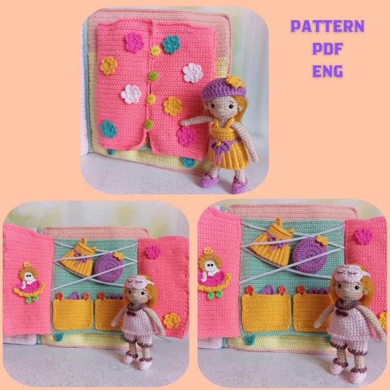 May include: A handmade crochet doll with a yellow dress and purple hat stands next to a pink crochet book with colorful flower embellishments. The book has a button closure and a variety of crochet elements. Text on the image reads "PATTERN PDF ENG".