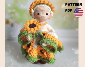 Crochet Sunflower Doll Pattern, Amigurumi Sunflower Doll PDF English Tutorial