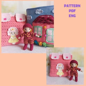 May include: Crocheted doll and house-shaped pillows in pink, red, and blue. The doll wears a red and yellow striped outfit and hat. The pillows feature floral and cloud details, with the text "PATTERN PDF ENG".