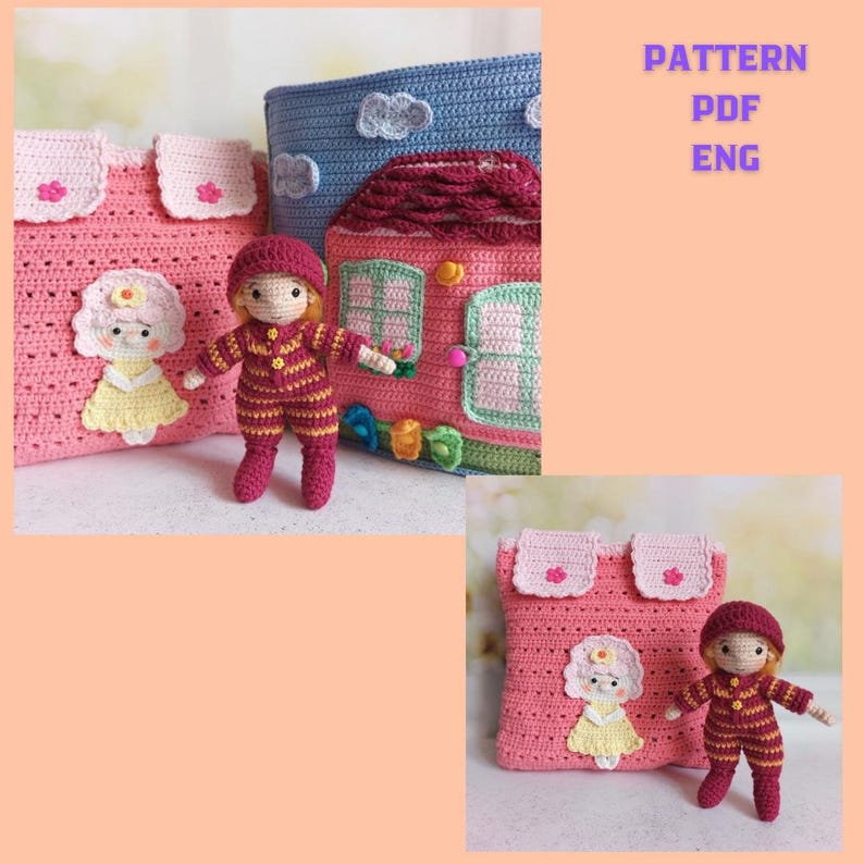 May include: Crocheted doll and house-shaped pillows in pink, red, and blue. The doll wears a red and yellow striped outfit and hat. The pillows feature floral and cloud details, with the text "PATTERN PDF ENG".