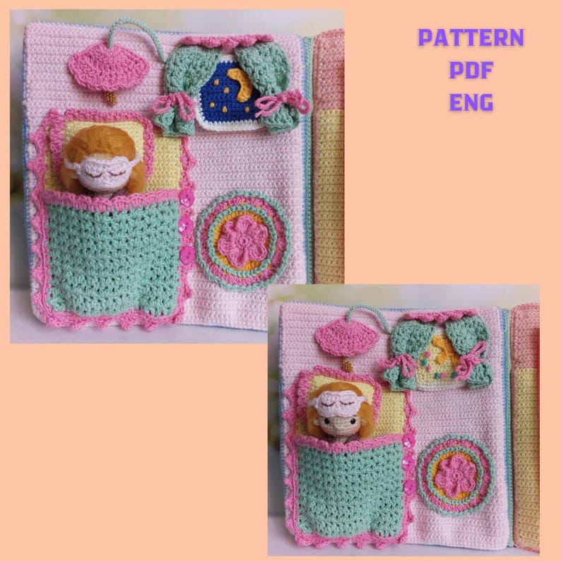May include: A handmade crochet quiet book with a pink and green color scheme. The book features a sleeping doll, a window with curtains, and a flower design. The text "PATTERN PDF ENG" is visible.