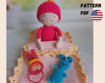Crochet Pattern Cute Mini Baby Doll, Amigurumi sleeping Baby Girl PDF English Tutorial, Baby's Out Set crochet pattern