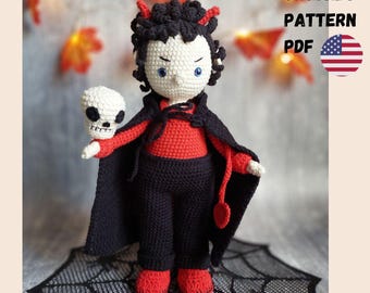 Patrón de crochet para muñeca Amigurumi Diablo, muñeca Lucifer, tutorial en PDF en inglés.