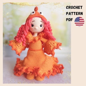 May include: Crochet pattern PDF for a cute orange and pink doll with a fishtail dress and a fish hat. The pattern is in US English.