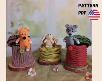 Amigurumi Forest Animals Crochet Pattern: Wolf, Bunny, Fox in Houses (PDF Tutorial