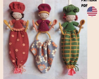 Set of 2 Plastic Bag Holder and Towel Holder Crochet Pattern, Bag and Towel Holder Doll, Kitchen Spare Bag Dispenser PDF English Tutorial