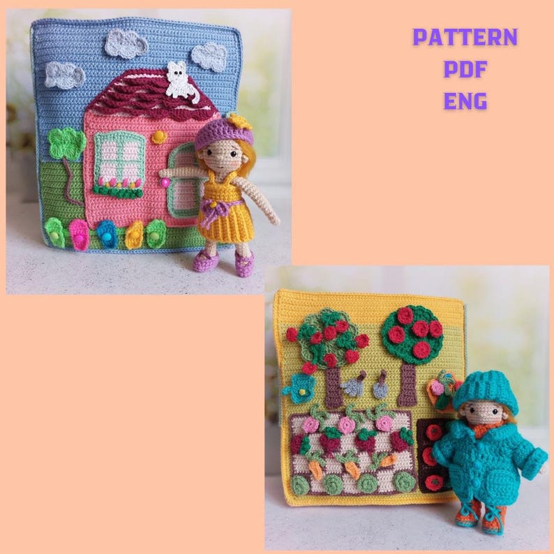 May include: Two crochet panels with a doll. One panel is a blue sky with a house, a cat, and a doll in a yellow dress. The other panel is yellow with trees, a garden, and a doll in a blue coat. The text "PATTERN PDF ENG" is visible.