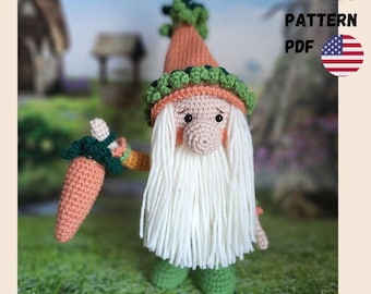 May include: A crocheted gnome doll with a long white beard, wearing a peach-colored hat and holding a carrot. The gnome has green shoes and a green and orange collar. The text "CROCHET PATTERN PDF" is visible.