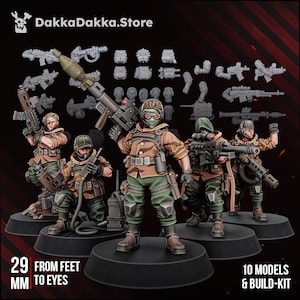 May include: A set of 10 miniature soldier models with a build-kit featuring various weapons and gear. The figures wear tan and green uniforms with tactical equipment. Text on the image includes DakkaDakka.Store and 29 mm from feet to eyes.