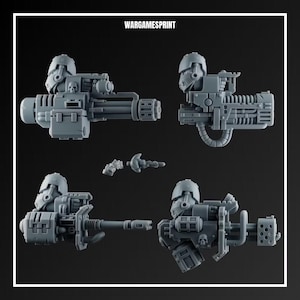 May include: A set of four grey plastic miniature weapon components for tabletop gaming, featuring intricate mechanical details, barrels, and skull motifs. The text WARGAMESPRINT is displayed at the top of the image, showcasing various heavy firearm designs for assembly.