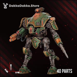 May include: A green and metallic grey bipedal robot miniature with orange glowing details, a skull emblem on the front shield, and a weaponized arm. The model consists of 40 parts and measures 112.5 mm in height, 88 mm in width, and 66 mm in depth.