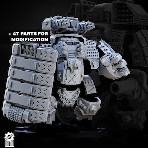 May include: A grey plastic miniature robot figure featuring a large shield on one arm, a mounted weapon on top, and various armor plates. The text + 47 PARTS FOR MODIFICATION is visible. The figure includes detailed mechanical components and chains.