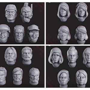May include: A collection of twenty miniature grey resin heads for gaming figures, featuring diverse facial expressions, hairstyles, headgear like helmets and hoods, and various scars or cybernetic eye implants, presented in four distinct grid sections.