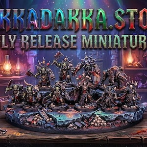 May include: A collection of dark fantasy miniature figurines arranged on a circular stone base. The text DAKKADAKKA.STORE JULY RELEASE MINIATURES is displayed above the figures. The set includes various armored warriors with weapons.