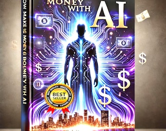 Könnte beinhalten: Ein Buchcover mit blauem und violettem Hintergrund, auf dem eine menschliche Figur mit leuchtenden Linien zu sehen ist. Der Titel lautet "How to Make Big Money with AI" und der Autor ist "Vilbran Augustin". Das Cover zeigt außerdem Dollarzeichen und ein "Bestseller"-Abzeichen.