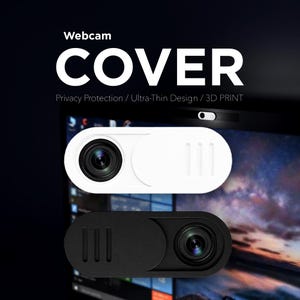 May include: A white and a black sliding webcam cover, each featuring a pill-shaped design with three vertical grooves on the sliding tab. The text "Webcam COVER" and "Privacy Protection / Ultra-Thin Design / 3D PRINT" is displayed above the covers.