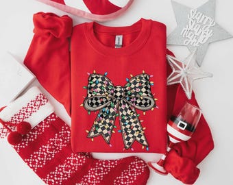 Coquette Bow Christmas Sweatshirt, Girly Christmas Sweater, Coquette Bow Sweater, Christmas Tree Shirt, Christmas Sweatshirt