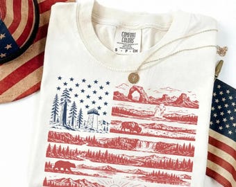 Comfort Colors National Parks American Flag Shirt, Coastal Patriotic Shirt, Beachy Nautical American Flag, USA Gift