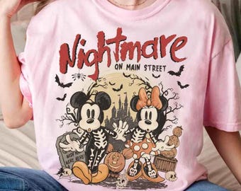 Vintage Mickey & Minnie Skeleton Nightmare On Main Street Comfort Colors Shirts, Mickey Skeleton Shirts, Disney Trip Halloween 2025 Shirts