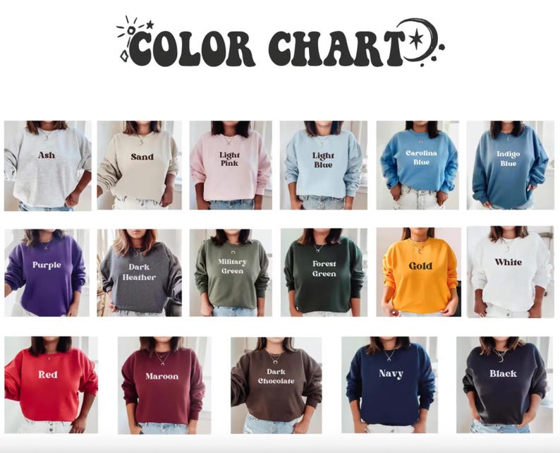 K&ouml;nnte beinhalten: Eine Farbkarte mit achtzehn Rundhals-Sweatshirts in verschiedenen Farben, darunter Ash, Sand, Light Pink, Light Blue, Carolina Blue, Indigo Blue, Purple, Dark Heather, Military Green, Forest Green, Gold, White, Red, Maroon, Dark Chocolate, Navy und Black.