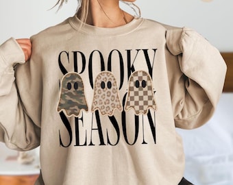 Spooky Season Sweatshirt, Leopard Ghost Hoodie, Camo Ghost Sweatshirt, Checkered Ghost Crewneck, Halloween Ghosts Hoodie, Fall Season Gift