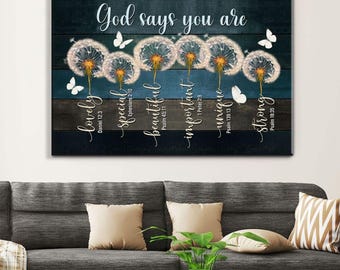 God Says You Are Canvas Wall Art, Dandelion Butterfly Christian Wall Decor