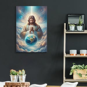 Jesus and Heaven Earth Canvas Print – Christian Wall Art – Religious Artwork – Inspirational Jesus Portrait – Spiritual Home Decor