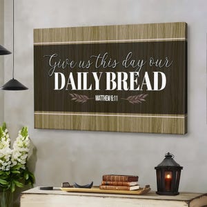 Art mural Donnez-nous ce jour notre pain quotidien - Impression sur toile chrétienne - Verset de la prière du Seigneur - Décoration religieuse de ferme rustique