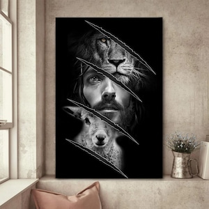 Lion and Lamb Christian Canvas  Jesus and Lamb Wall Art  Powerful Christian Faith Decor  Bold Lion of Judah & Lamb of God Print