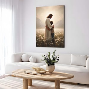 Brunette Hair Series Jesus Hugging Boy, Christian Wall Art, Jesus with Boy, Jesus Portrait, Christian Home Decor, Bible Art, Jesus with Kids