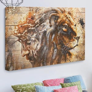 Wonderful Lion and Jesus Canvas Art  Christian Wall Decor – Lion of Judah and Jesus Artwork – Inspirational Faith Art – Religious Home Decor