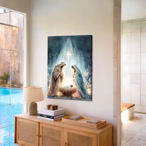 Arte del Nacimiento de Jesús, Pintura de la Natividad, Estrella de Belén, Pintura de la Sagrada Familia, José, Virgen María y el Niño Jesús, Arte Cristiano Navideño