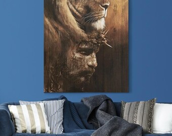 Quadro su tela raffigurante leone e Gesù: decorazione murale cristiana, stampa ispiratrice