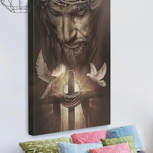 Jesus with Doves Canvas Art  Inspirational Religious Wall Decor – Christ Crucifixion Art – Jesus Cross and Dove Picture – Christian Wall Art