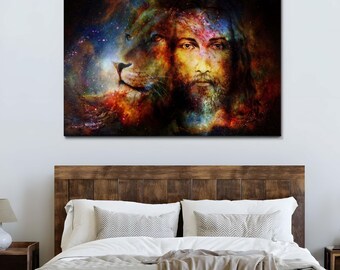 Jesus Christ With a Lion Of Judah in Cosmic Space Wall Art Canvas