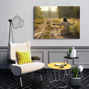 Lamb Runs to Jesus Canvas | Lost Sheep Christian Wall Art | Jesus and Lamb Picture | Bible Verse Farmhouse Decor | Faith Home Gift