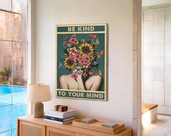 Floral Mindfulness Canvas Art: Be Kind to Your Mind - Botanical Print