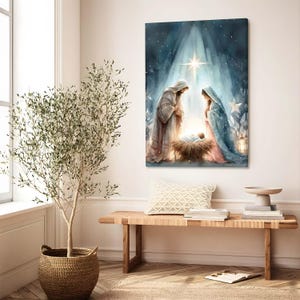Birth of Jesus Art, Nativity Painting, Star of Bethlehem, Holy Family Painting, Joseph Virgin Mary and Baby Jesus, Christmas Christian Art
