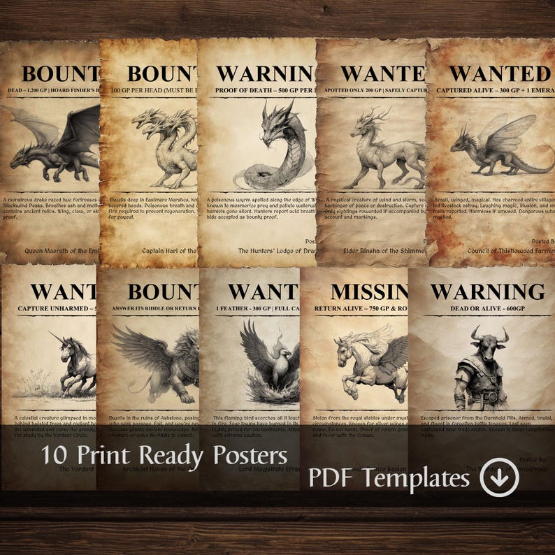 Printable Dnd Bounty Posters – “mythical Creatures” Fantasy Art & RPG ...