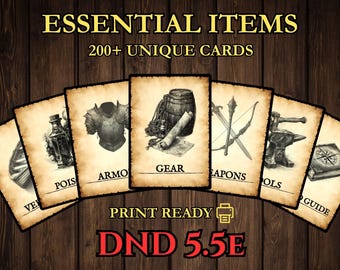 DnD Essential Item Cards 2024 - 5.5e Printable PDF (Weapons, Armor, Gear, Tools, Vehicles, Poisons)