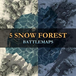 Könnte beinhalten: Ein zusammengesetztes Bild von fünf Schneewald-Kampfkarten. Die Karten zeigen verschneite Landschaften, eisiges Wasser und schneebedeckte Bäume. Der Text "5 SNOW FOREST BATTLEMAPS" ist in Gold und Weiß über das Bild gelegt.