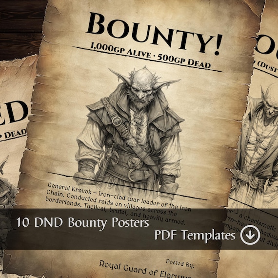 D&D Bounty/Wanted Poster 10pk - Usual Suspects - Editable Fantasy Bounty Templates (PDF and JPG) - Dungeons and Dragons Props, GM Tools