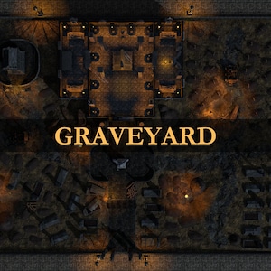 Könnte beinhalten: Draufsicht auf einen Friedhof bei Nacht, mit dem Wort "GRAVEYARD" in goldfarbenen Buchstaben in der Mitte. Die Szene umfasst eine Kirche, Grabsteine und Wege, die alle von sanftem Licht beleuchtet werden.