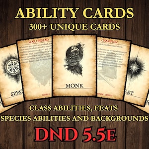 May include: A set of Ability Cards with the text "ABILITY CARDS" and "300+ UNIQUE CARDS". The cards display class abilities, feats, species abilities, and backgrounds for DND 5.5E.