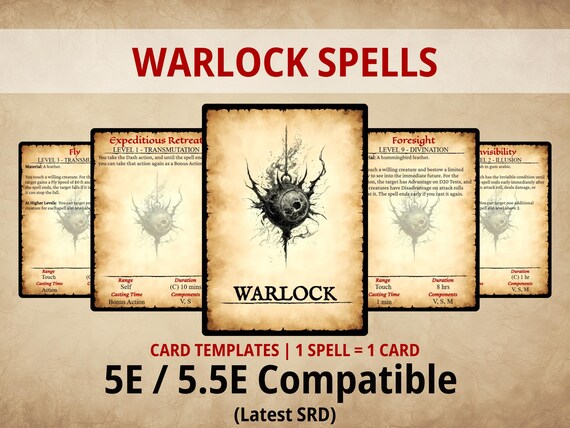 Warlock Spell Cards — Printable DnD 5e/5.5e Spell Deck | Digital Download | Fillable PDF | Poker Size | SRD 2024