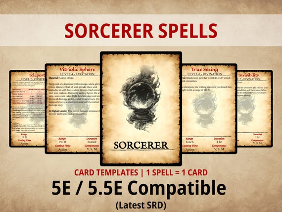 Sorcerer Spell Cards — Printable DnD 5e/5.5e Spell Deck | Digital Download | Fillable PDF | Poker Size | SRD 2024